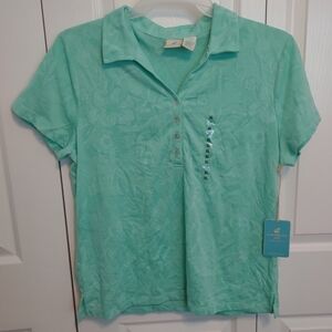 Caribbean Joe Women’s Shirt Tropical Large Palm Leaves V-neck Green XL